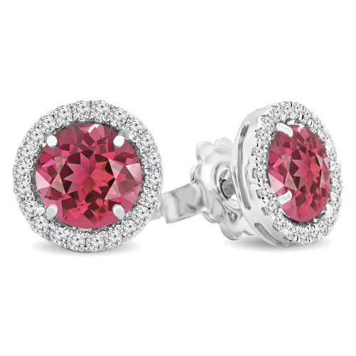 1 5/8 CTW Round Pink Tourmaline & Round Diamond 4-Prong Halo Stud Earrings in 14K White Gold (MDR170145)