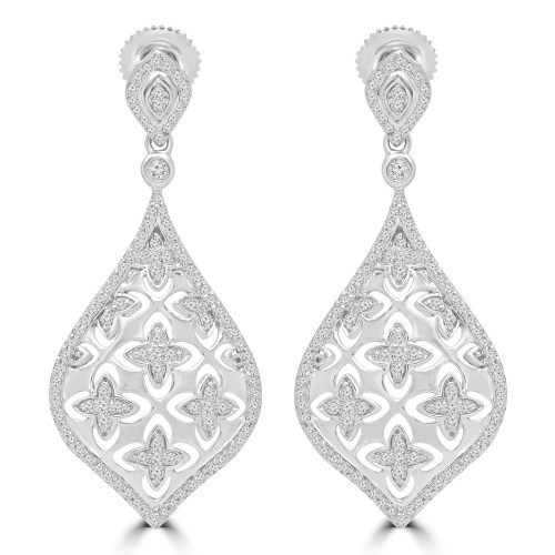 5/8 CTW Round Diamond Pear Halo Cushion Cluster Drop/Dangle Earrings in 14K White Gold (MDR180005)