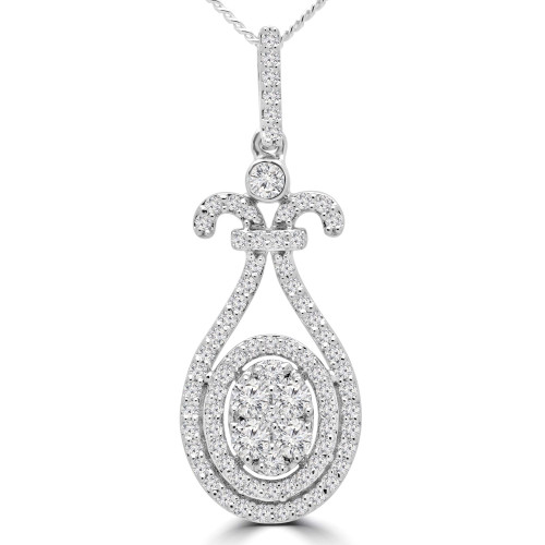 1/2 CTW Round Diamond Double Halo Oval Cluster Pendant Necklace in 14K White Gold (MDR190032)