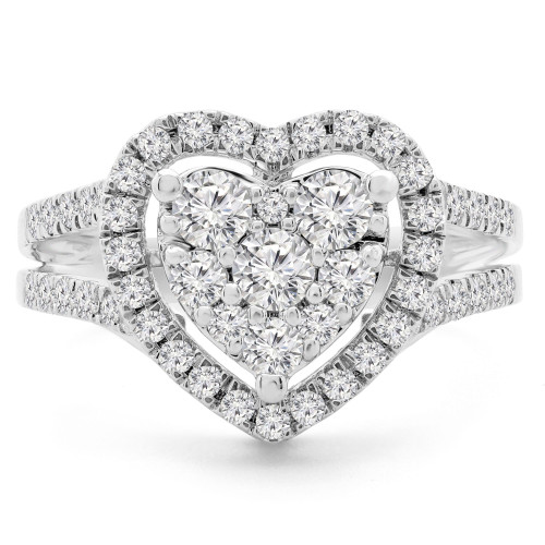 9/10 CTW Round Diamond Split Shank Heart Cluster Halo Cocktail Ring in 14K White Gold (MDR190066)