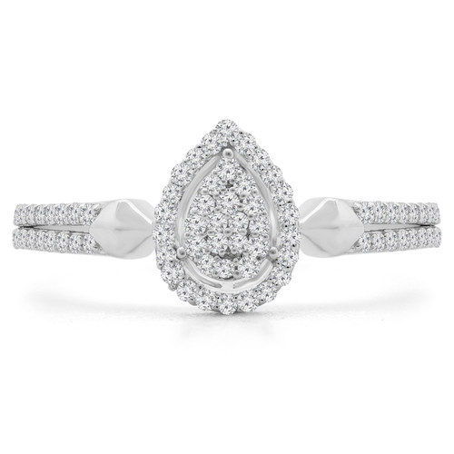 1/4 CTW Round Diamond Double Row Promise Pear Cluster Halo Engagement Ring in 14K White Gold (MDR190071)