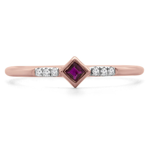 1/10 CTW Princess Red Ruby & Round Diamond Bezel Set Cocktail Engagement Ring in 14K Rose Gold (MDR190078)