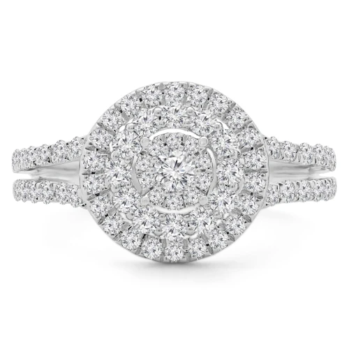4/5 CTW Round Diamond Split Shank Promise Double Halo Engagement Ring in 14K White Gold (MDR190093)