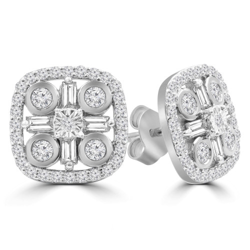 9/10 CTW Round Diamond Cushion Halo Stud Earrings in 14K White Gold (MDR210075)