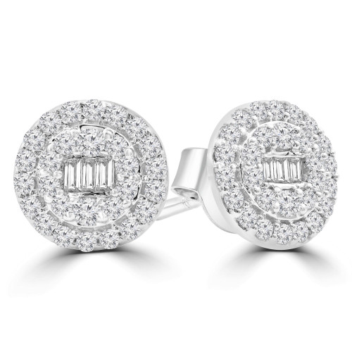 1/2 CTW Baguette Diamond Cluster Double Halo Stud Earrings in 14K White Gold (MDR210090)