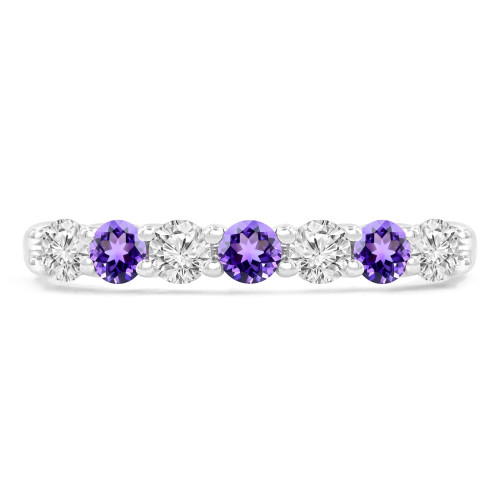 1/2 CTW Round Purple Amethyst & Round Diamond 7-Stone Alternating Semi-Eternity Anniversary Wedding Band Ring in 14K White Gold (MDR220049)