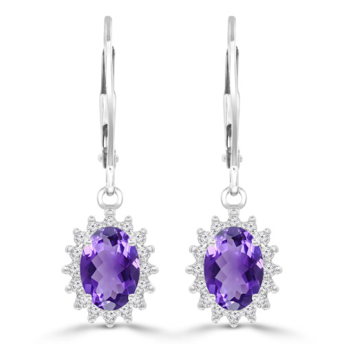 1 4/5 CTW Oval Purple Amethyst & Round Diamond Oval Halo Drop/Dangle Earrings in 14K White Gold (MDR220054)