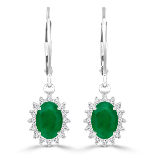 1 9/10 CTW Oval Green Emerald & Round Diamond Oval Halo Drop/Dangle Earrings in 14K White Gold (MDR220055)