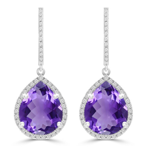 6 9/10 CTW Pear Purple Amethyst & Round Diamond Oval Halo Drop/Dangle Earrings in 14K White Gold (MDR220059)