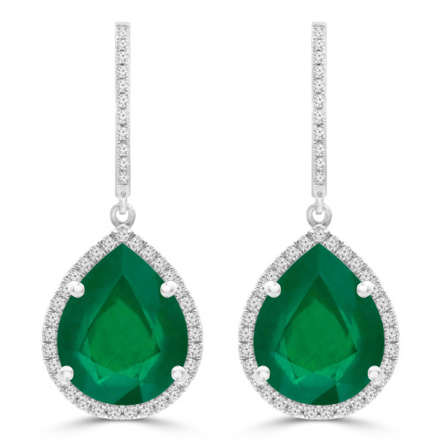8 9/10 CTW Pear Green Emerald & Round Diamond Pear Halo Drop/Dangle Earrings in 14K White Gold (MDR220060)