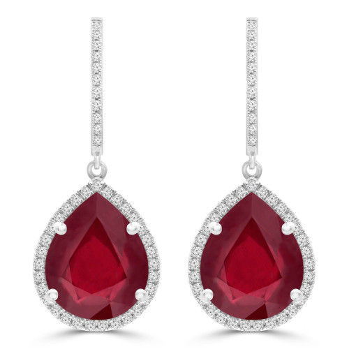 12 1/2 CTW Pear Red Ruby & Round Diamond Pear Halo Drop/Dangle Earrings in 14K White Gold (MDR220061)