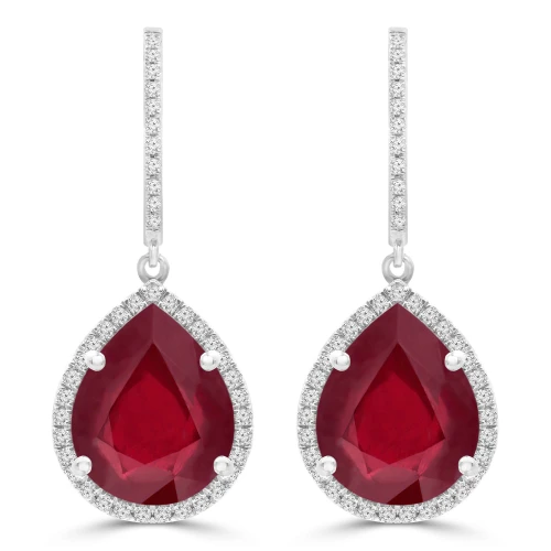 12 1/2 CTW Pear Red Ruby & Round Diamond Pear Halo Drop/Dangle Earrings in 14K White Gold (MDR220061)