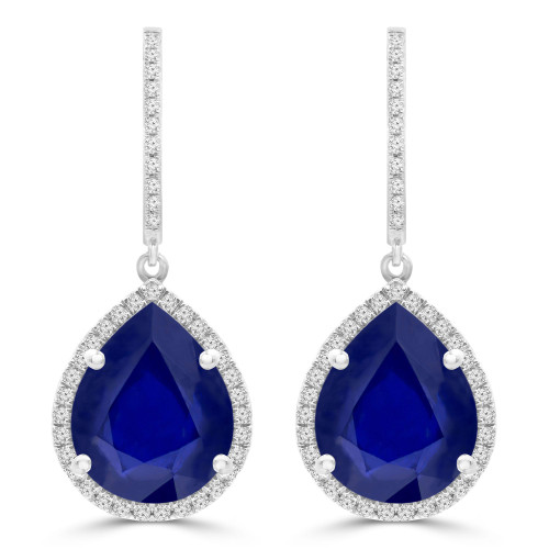 11 1/2 CTW Pear Blue Sapphire & Round Diamond Pear Halo Drop/Dangle Earrings in 14K White Gold (MDR220062)