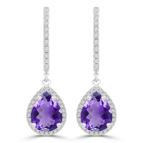 2 CTW Pear Purple Amethyst & Round Diamond Pear Halo Drop/Dangle Earrings in 14K White Gold (MDR220064)