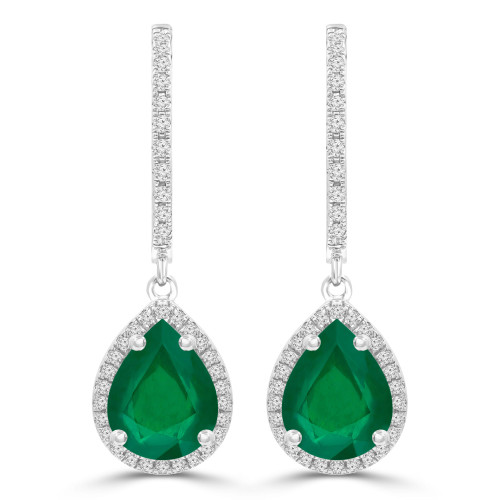 2 1/4 CTW Pear Green Emerald & Round Diamond Pear Halo Drop/Dangle Earrings in 14K White Gold (MDR220065)