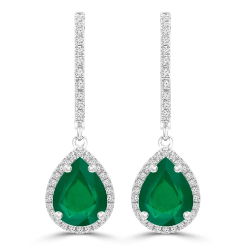 2 1/4 CTW Pear Green Emerald & Round Diamond Pear Halo Drop/Dangle Earrings in 14K White Gold (MDR220065)