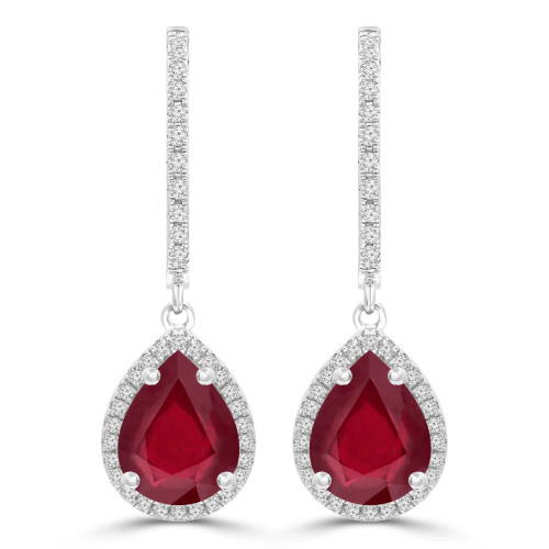 2 3/4 CTW Pear Red Ruby & Round Diamond Pear Halo Drop/Dangle Earrings in 14K White Gold (MDR220066)