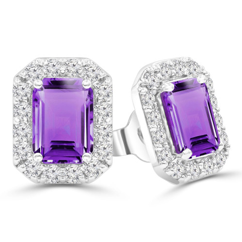 2 1/10 CTW Emerald Purple Amethyst & Round Diamond Emerald Halo Stud Earrings in 14K White Gold (MDR220069)