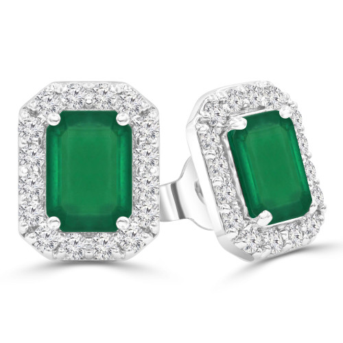 2 CTW Emerald Green Emerald & Round Diamond Emerald Halo Stud Earrings in 14K White Gold (MDR220070)