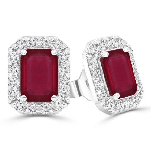 2 5/8 CTW Emerald Red Ruby & Round Diamond Emerald Halo Stud Earrings in 14K White Gold (MDR220071)