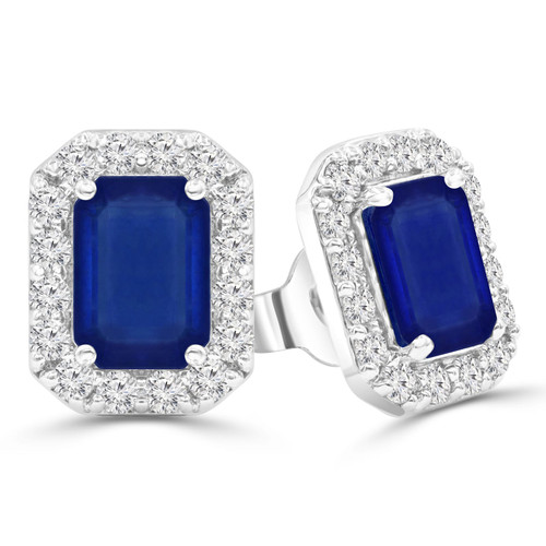 2 1/2 CTW Emerald Blue Sapphire & Round Diamond Emerald Halo Stud Earrings in 14K White Gold (MDR220072)
