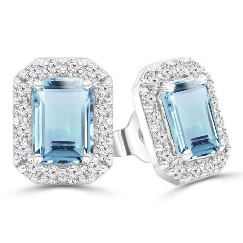 2 1/5 CTW Emerald Blue Topaz & Round Diamond Emerald Halo Stud Earrings in 14K White Gold (MDR220073)