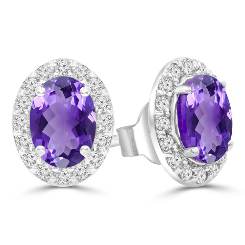 1 5/8 CTW Oval Purple Amethyst & Round Diamond Oval Halo Stud Earrings in 14K White Gold (MDR220074)