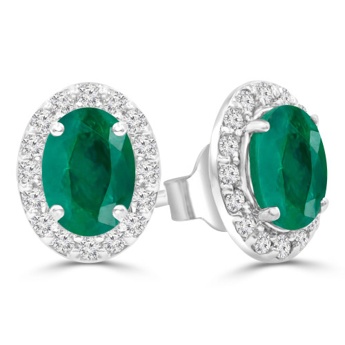 1 4/5 CTW Oval Green Emerald & Round Diamond Oval Halo Stud Earrings in 14K White Gold (MDR220075)