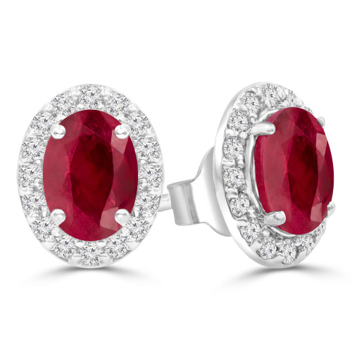 2 3/4 CTW Oval Red Ruby & Round Diamond Oval Halo Stud Earrings in 14K White Gold (MDR220076)