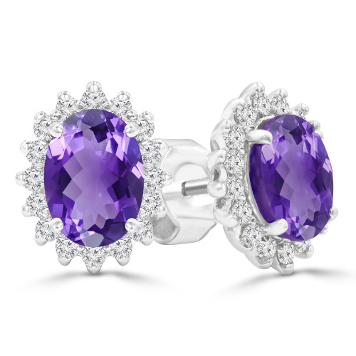 1 3/5 CTW Oval Purple Amethyst & Round Diamond Oval Floral Halo Stud Earrings in 14K White Gold (MDR220079)