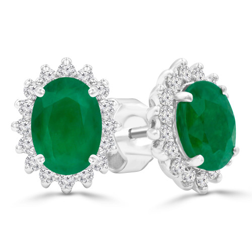 1 2/3 CTW Oval Green Emerald & Round Diamond Oval Floral Halo Stud Earrings in 14K White Gold (MDR220080)