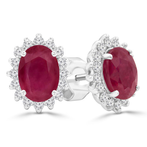 2 3/5 CTW Oval Red Ruby & Round Diamond Oval Floral Halo Stud Earrings in 14K White Gold (MDR220081)