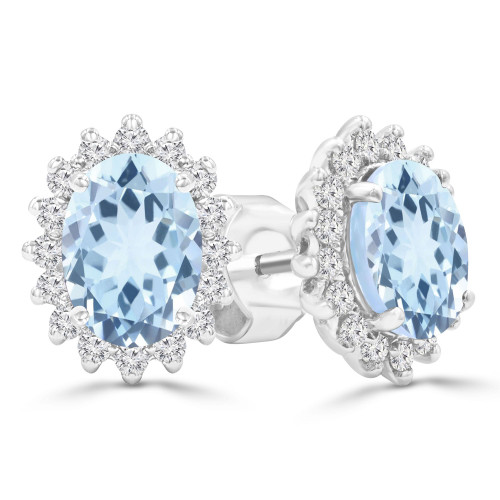 2 1/5 CTW Oval Blue Topaz & Round Diamond Oval Floral Halo Stud Earrings in 14K White Gold (MDR220083)