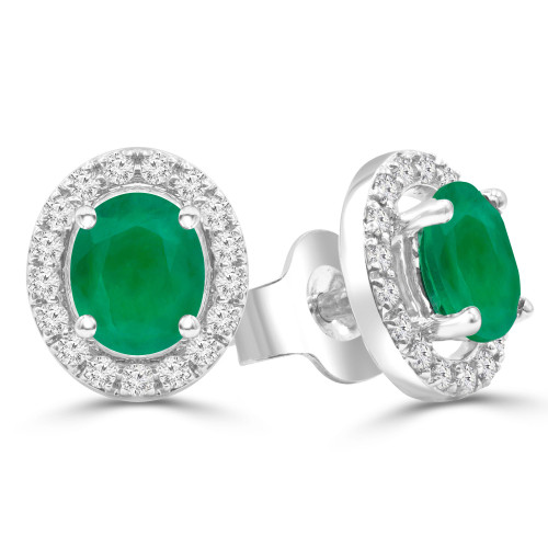 4/5 CTW Oval Green Emerald & Round Diamond Oval Halo Stud Earrings in 14K White Gold (MDR220085)
