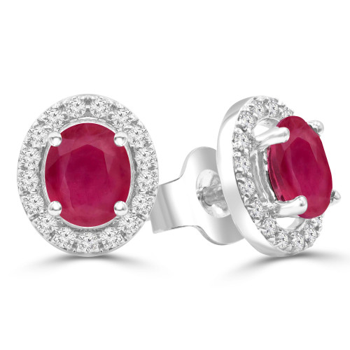 1 1/3 CTW Oval Red Ruby & Round Diamond Oval Halo Stud Earrings in 14K White Gold (MDR220086)
