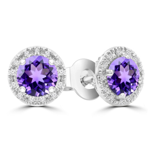 3/4 CTW Round Purple Amethyst & Round Diamond Halo Stud Earrings in 14K White Gold (MDR220094)