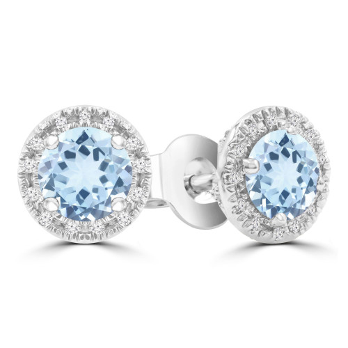 9/10 CTW Round Blue Topaz & Round Diamond Halo Stud Earrings in 14K White Gold (MDR220098)