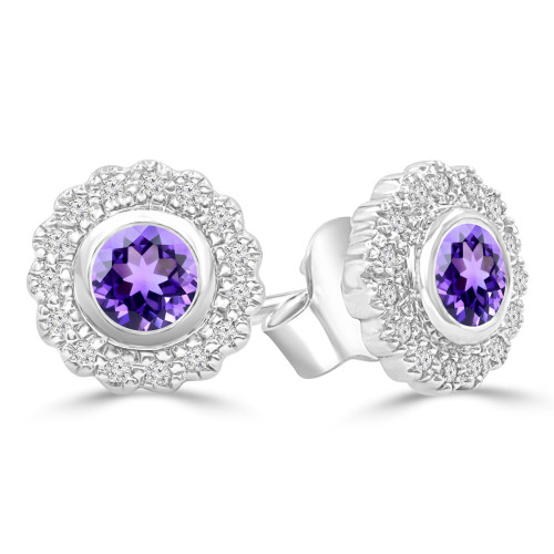5/8 CTW Round Purple Amethyst & Round Diamond Floral Halo Bezel Set Stud Earrings in 14K White Gold (MDR220099)
