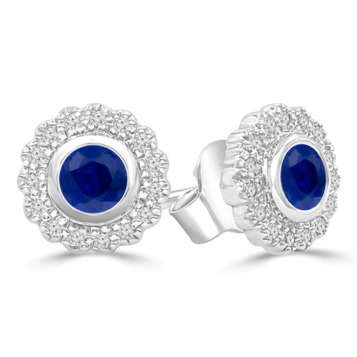 3/4 CTW Round Blue Sapphire & Round Diamond Floral Halo Bezel Set Stud Earrings in 14K White Gold (MDR220102)