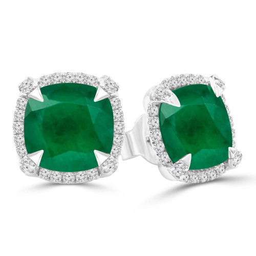 3 4/5 CTW Cushion Green Emerald & Round Diamond Cushion Halo Claw Prong Stud Earrings in 14K White Gold (MDR220110)