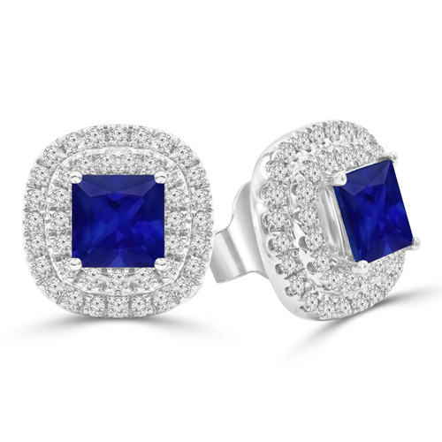 1 1/4 CTW Princess Blue Sapphire & Round Diamond Double Cushion Halo Stud Earrings in 14K White Gold (MDR220117)