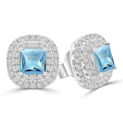 1 1/10 CTW Princess Blue Topaz & Round Diamond Double Cushion Halo Stud Earrings in 14K White Gold (MDR220118)