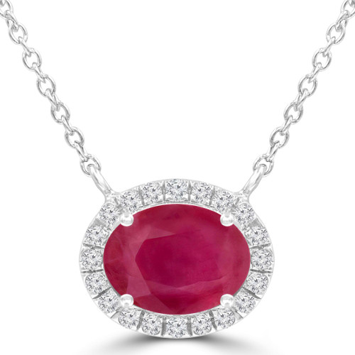 1 4/5 CTW Oval Red Ruby & Round Diamond Oval Halo  Necklace in 14K White Gold With Diamond Accent on Chain (MDR220121)
