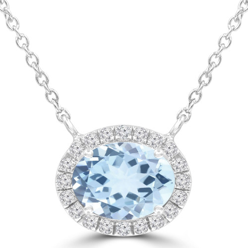 1 3/5 CTW Oval Blue Topaz & Round Diamond Oval Halo  Necklace in 14K White Gold With Diamond Accent on Chain (MDR220123)