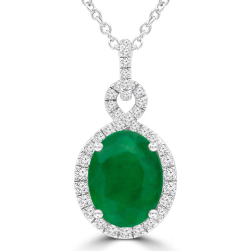 1 2/3 CTW Oval Green Emerald & Round Diamond Infinity Halo Pendant Necklace in 14K White Gold (MDR220125)