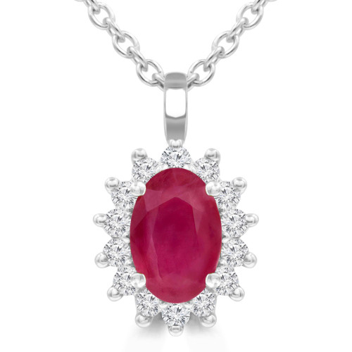 9/10 CTW Oval Red Ruby & Round Diamond Floral Halo Pendant Necklace in 14K White Gold (MDR220131)
