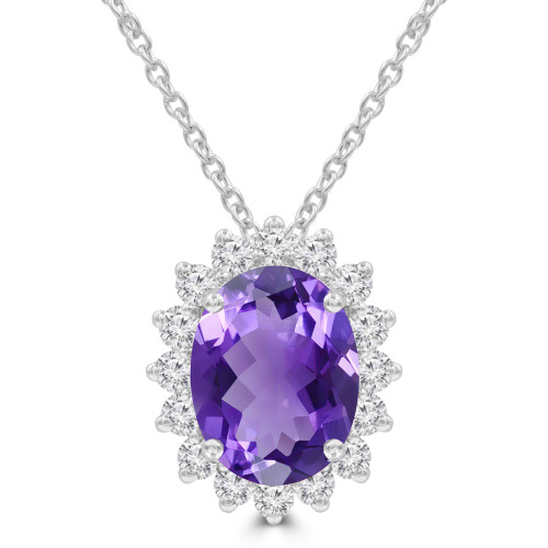 2 7/8 CTW Oval Purple Amethyst & Round Diamond Oval Floral Halo Pendant Necklace in 14K White Gold (MDR220134)