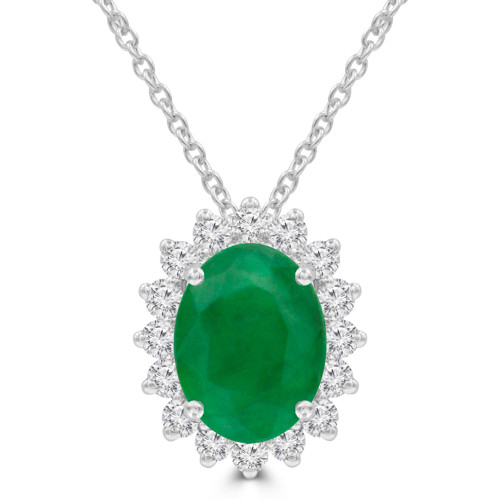 2 3/5 CTW Oval Green Emerald & Round Diamond Oval Floral Halo Pendant Necklace in 14K White Gold (MDR220135)