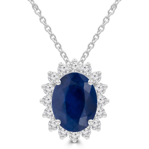 3 4/5 CTW Oval Blue Sapphire & Round Diamond Oval Floral Halo Pendant Necklace in 14K White Gold (MDR220137)