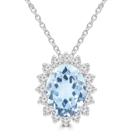 3 3/5 CTW Oval Blue Topaz & Round Diamond Oval Floral Halo Pendant Necklace in 14K White Gold (MDR220138)